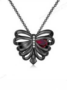 1件朋克摇滚嘻哈暗黑金属风格镂空骷髅头和肋骨设计锆石镶嵌吊坠项链，男女通用 - 适合复活节、派对、万圣节佩戴/送礼 - 心形肋骨 - 查看 7