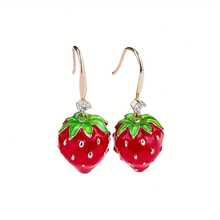 1 Pair Cute Strawberry Design Rhinestone Inlaid Dangle Earrings, Minimalist Versatile Daily Wear For Women - Multicolor - View 1
