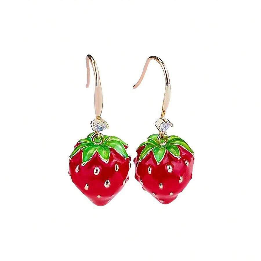 1 Pair Cute Strawberry Design Rhinestone Inlaid Dangle Earrings, Minimalist Versatile Daily Wear For Women - Multicolor - View 1
