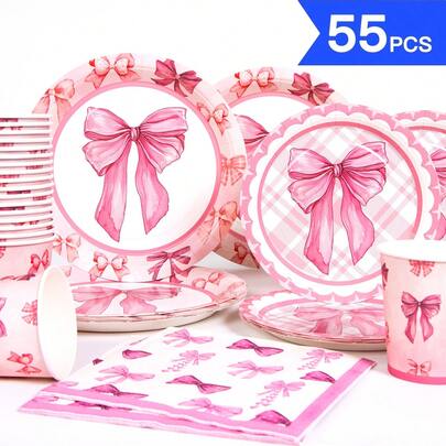 Bộ đồ ăn dùng một lần cho 10 người, họa tiết chấm bi hồng và nơ, bao gồm đĩa, khăn ăn và cốc, thích hợp cho sinh nhật, đám cưới, tiệc tùng, dã ngoại gia đình.