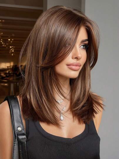 14-Inch Short Brown Wavy Bangs Natural Wig Made From High-Temperature Synthetic Keratin Fibers, An Elegant Wig Suitable For Everyday Wear, Holidays, And Parties