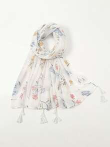 1pc Women's Solid Color Lace Tassel Long Scarf, Versatile Shawl - 01-white - View 3