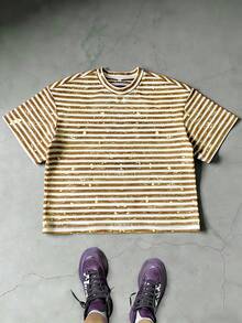 Casual Colorblock Striped Retro Loose Fit Round Neck Short Sleeve T-Shirt - Yellow - View 2