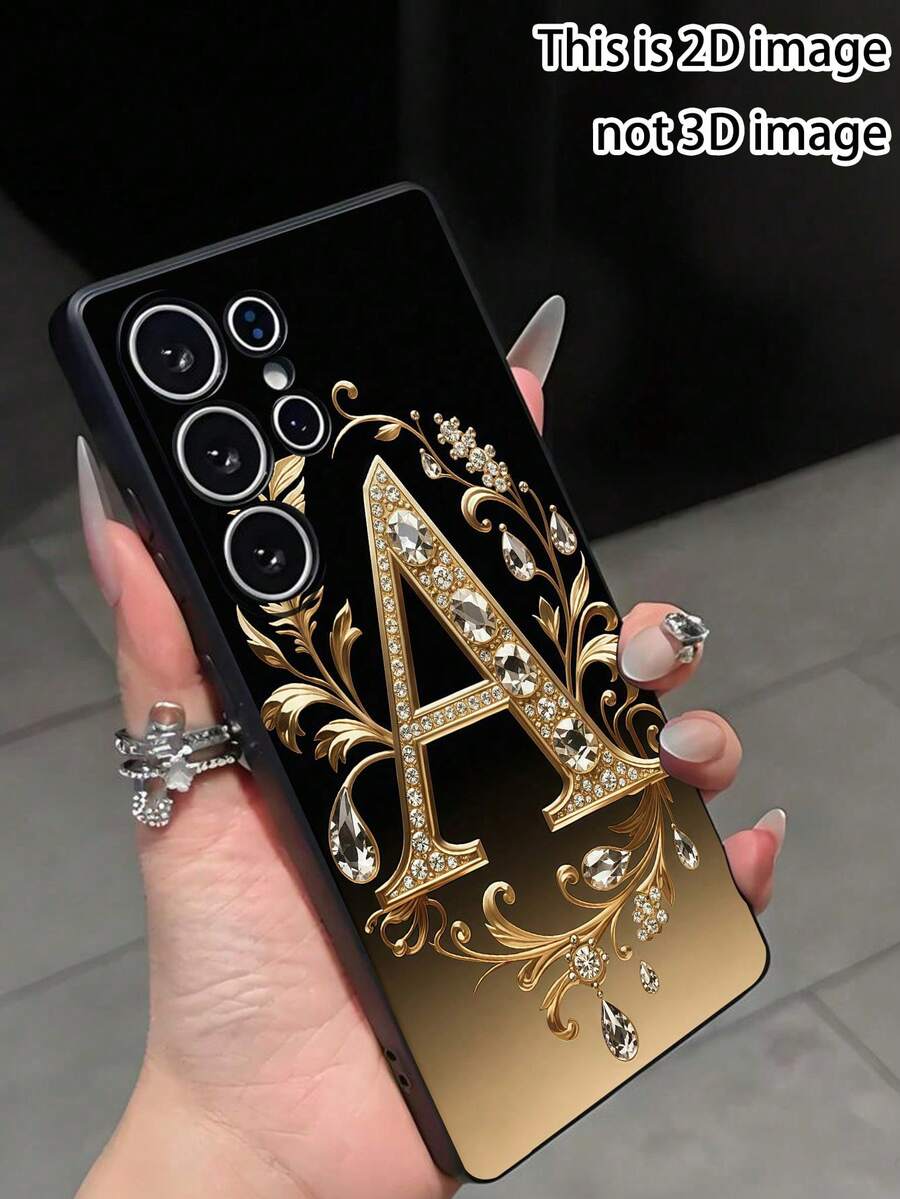 A-Letter Rhinestone Floral Pattern Phone Case, Black TPU Soft Protective Cover, Compatible With Huawei Honor, Galaxy, International Version,  Not The Domestic Version - Black - View 1