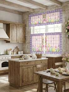 1/2/3 piezas - Cenefa de ventana a cuadros de Pascua, cortina corta con estampado floral de huevos de conejo, cenefa de estilo campestre de Pascua, decoración de ventana de poliéster para cocina y dormitorio - Ver 4