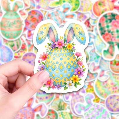50 PCS Watercolor Easter Bunny Egg Stickers, Vibrant Floral Easter Egg With Bunny Ears Decals, Self-Adhesive Waterproof Stickers For Easter Party Decorations, Scrapbooking, Journaling, Gift Wrapping, Laptop Water Bottle Phone Case Decor