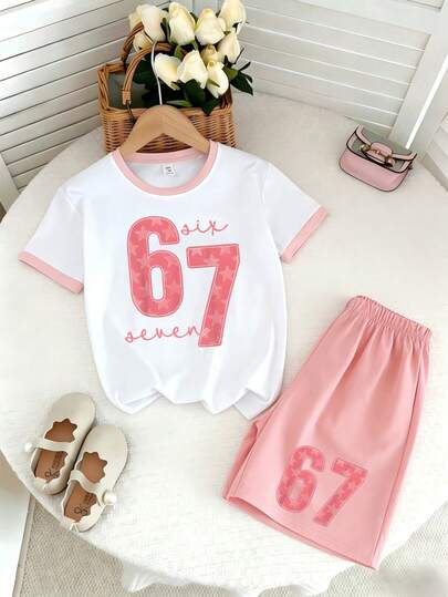 2pcs/Set Girls' Summer New 67 Star Print Raglan Sleeve T-Shirt & Shorts Set, Retro American Sports Casual Outfit