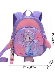 1pc Cute Cartoon Pattern Backpack For Girls, Elementary & Middle School, Lightweight Mermaid Design, Reduces Burden, Includes Astronaut Pendant, Back To School Essential - Purple - View 4
