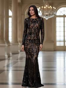 Romagic 女士花卉亮片圆领长袖修身迷人美人鱼连衣裙 - 黑色 - 查看 1