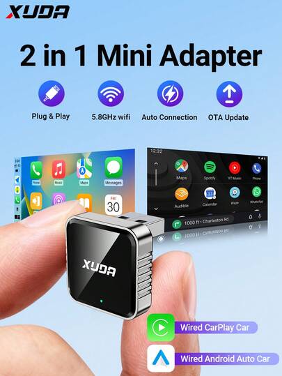  XUDA New CarPlay Ai Box Mini Superbox Wired To Wireless, Wireless CarPlay And Android 2in1 Functions, With 2.4-5.0 GHz WiFi 5, For With 99% Of Cars Equipped With Wired CarPlay And Android Functions