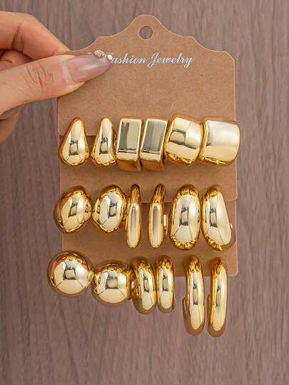 Set de 6/18 piezas de pendientes de lujo elegantes de moda con formas de lágrima, cuadrado, C ancha, gancho cuadrado, luna, bola redonda, C pequeña y C grande de CCB dorado, adecuado para que las mujeres lo usen durante todo el año, apto para fiestas/bodas/regalos/ocasiones diarias