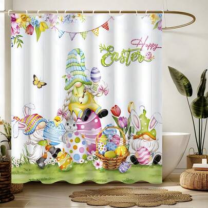 Easter Cute Bunny Elf Shower Curtain, Easter Holiday Decoration Shower Curtain, Various Room Bathroom Decoration Partitions, Bathroom Accessories Shower Bathtub Curtain