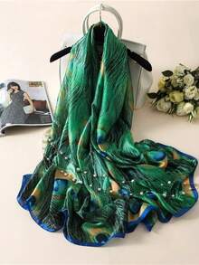 180*90CM New Fashionable & Elegant Scarf For Women, Soft Green Peacock Feather Print Headscarf, Sunscreen Shawl Wrap, Travel Chiffon Scarf - Green - View 3