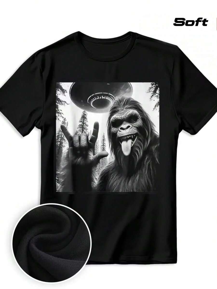 Camiseta Divertida para Hombre con Diseño de Gorila y OVNI - 100% Algodón, Negra, Casual, con Dibujo de Simio, Nave Espacial Alienígena y Gesto con la Mano - Camiseta de Manga Corta con Humor para Fiestas, Ropa Casual y Eventos Temáticos (Corte Regular)