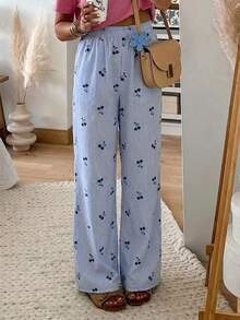 Women's Casual Striped Cherry Print Elastic Waist Pants, Suitable For Spring/Summer Vacation And Daily Wear - Multicolor - View 2