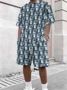 Two-Piece, Simple And Distinctive, Knitted Fabric, Crisp Lines, Men's Social Gatherings, Summer Outdoor Camping, Blue-Gray Beer Can All-Over Print, Men's Short-Sleeve Beach Pants Set - 彩色 - 查看 4