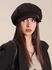 1pc Black Fabric Newsboy Cap, Irish Hat, Driver Cap With Metal Chain Decor, Fashionable Streetwear Hat For Women, Suitable For Spring, Autumn And Winter Daily Wear,Summer,Beach,Holiday,Travel - Style 1 - View 7