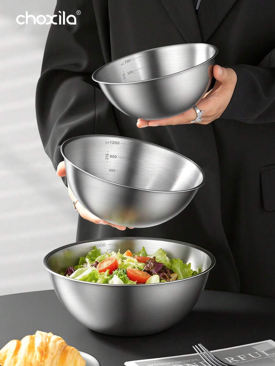 1 tô trộn bằng thép không gỉ có vạch chia định lượng, chống gỉ, dễ vệ sinh và xếp chồng được, lý tưởng cho việc nấu nướng, làm bánh và chuẩn bị bữa ăn trong nhà bếp. - Cái bát - Xem 1