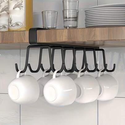 1pc 12/6 Hooks Mug Holder, Space-Saving Kitchen Organizer Rack, Multi-Function Household Storage Shelf, Cup Holder, Hole-Free Hanging Drying Rack, Sponge Drainer, Utensil Organizer, Food Pantry Closet Storage Accessory, Home Decor