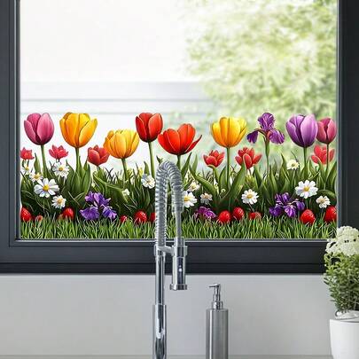 1pc Fresh Tulip & Iris Flower Window Sticker, Self-Adhesive No Drilling, Glass Decor Healing Accent