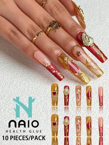 NAIO 10片方形手工美甲贴片，奢华风格，按压式尖头美甲贴片，裸色和红色可选，不对称液态金属、猫眼法式尖头、天使图案设计。配有金属爱心、仿珍珠和蝴蝶结美甲装饰。这些美甲贴片非常适合女性和女孩，是派对和日常佩戴的理想之选。套装包含美甲工具。精美礼物，女性和女孩的绝佳选择。春夏美甲手工按压式美甲贴片。 - 彩色 - 查看 11