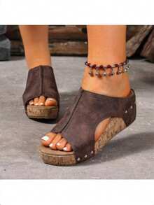 2025 New Design Women's Slides Slippers, Square Heel Flat Round Toe, Rhinestone & Pearl Decor, Plus Size, Lightweight Luxury Casual Non-Slip Sandals, Versatile - Màu nâu được nâng cấp - Xem 4