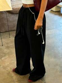 Women's Black Wide Leg Pants, Elastic Waist Drawstring, Loose Relaxed Fit, Lightweight Breathable Casual Trousers For Summer Spring - Black - View 6