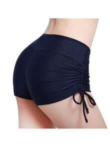 Women's Summer Flat Angle Swimming Trunks, High Waisted, Solid Color, With Straps On Both Sides, Providing Sufficient Coverage Without Loosening Or Slipping. Highly Elastic, Soft, Comfortable, Breathable, And Skin Friendly. Suitable For Surfing, Swimming, Beach Activities, Yoga, Fitness, Running, Etc. - 藏蓝色 - 查看 1