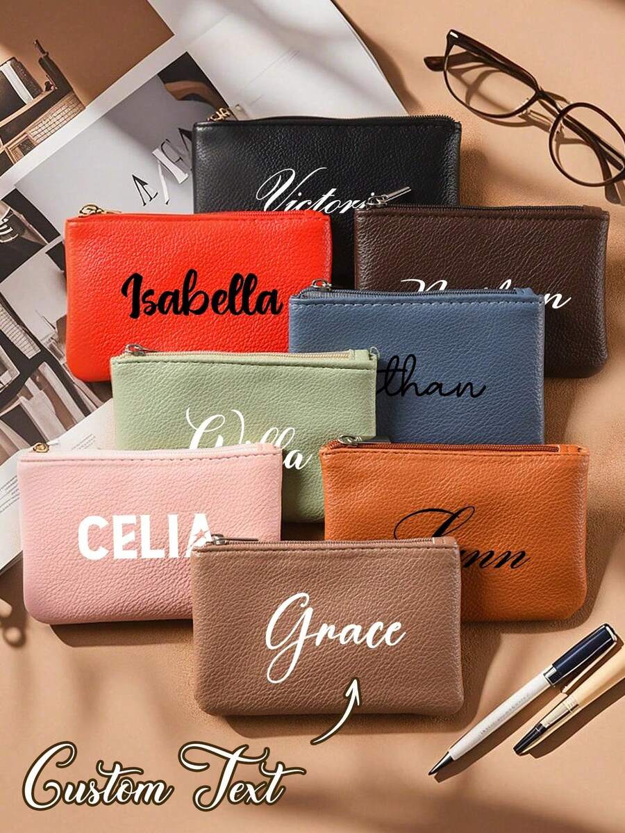 1pc Customized PU Leather Mini Wallet, Personalized Name, Slim Zipper Coin Purse