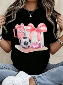 1pc Women Vintage Graphic Print Spring Tops Tops For Women Summer Tops,Cute Soccer Ball And Pink Drink T-Shirt With Bow Design For Women, Fun Graphic Tee For Sports Fans, Casual Summer Top, White Short Sleeve ShirtNew Stylish T-Shirt-100% Cotton Soft Breathable Casual Style Crew Neck Short Sleeve T Shirt For Daily Wear. - 黑色 - 查看 1