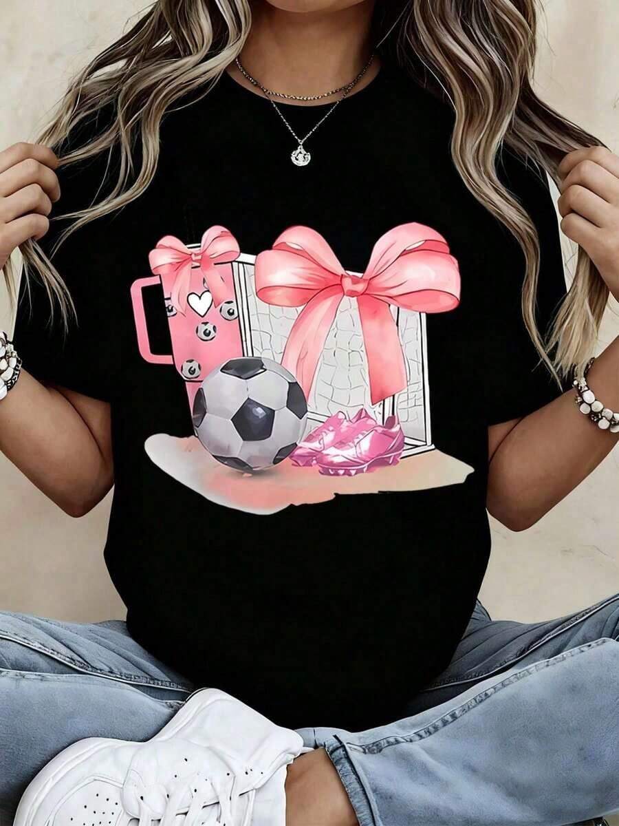 1pc Women Vintage Graphic Print Spring Tops Tops For Women Summer Tops,Cute Soccer Ball And Pink Drink T-Shirt With Bow Design For Women, Fun Graphic Tee For Sports Fans, Casual Summer Top, White Short Sleeve ShirtNew Stylish T-Shirt-100% Cotton Soft Breathable Casual Style Crew Neck Short Sleeve T Shirt For Daily Wear. - 黑色 - 查看 1