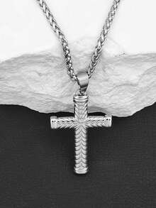 1 pieza Collar con colgante de cruz texturizado de acero inoxidable, collar versátil y de moda para hombres - Plateado - Ver 1