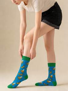 1双女士欧美时尚INS香蕉图案卡通可爱情侣中筒袜，适合日常通勤 - 彩色 - 查看 6