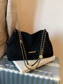 复古麂皮大容量手提包，新款时尚链条单肩包，多功能通勤托特包 - 黑色 - 查看 11