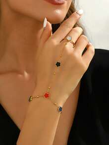 1件复古百搭经典通勤时尚度假花卉指节手链/手背链，女士款 - 白色花朵 - 查看 17