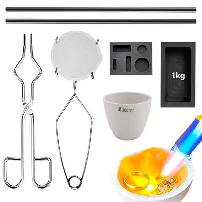 KLONKEE 9件套铸造工具组，包括坩埚、锭模、2根搅拌棒、陶瓷石英杯，适用于金、银和珠宝铸造