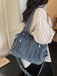 1pc Blue Minimalist Large Capacity Shoulder Tote Bag, Suitable For Outings, Travel, Vacation, Fits Textbooks, Laptops, Clothes - Navy Blue - View 6