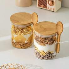 1pc Transparent Plastic Storage Jar With Bamboo Lid And Spoon, Airtight Moisture-Proof, Suitable For Kitchen Storage Of Sugar, Spices, Tea, Coffee, Flour, Nuts, Grains, Bath Salts And More - Kitchen Gadget - Multicolor - View 3