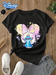 This Disney Women's T-Shirt Features A Creative Stitch Cartoon Print. Made Of Soft, Comfortable, And Durable Fabric, This Spring/Summer Women's Crew Neck T-Shirt Is Suitable For Everyday Wear, Shopping, Parties, And Is Also A Great Choice As A Casual Outfit Or A Gift. - Black - View 1