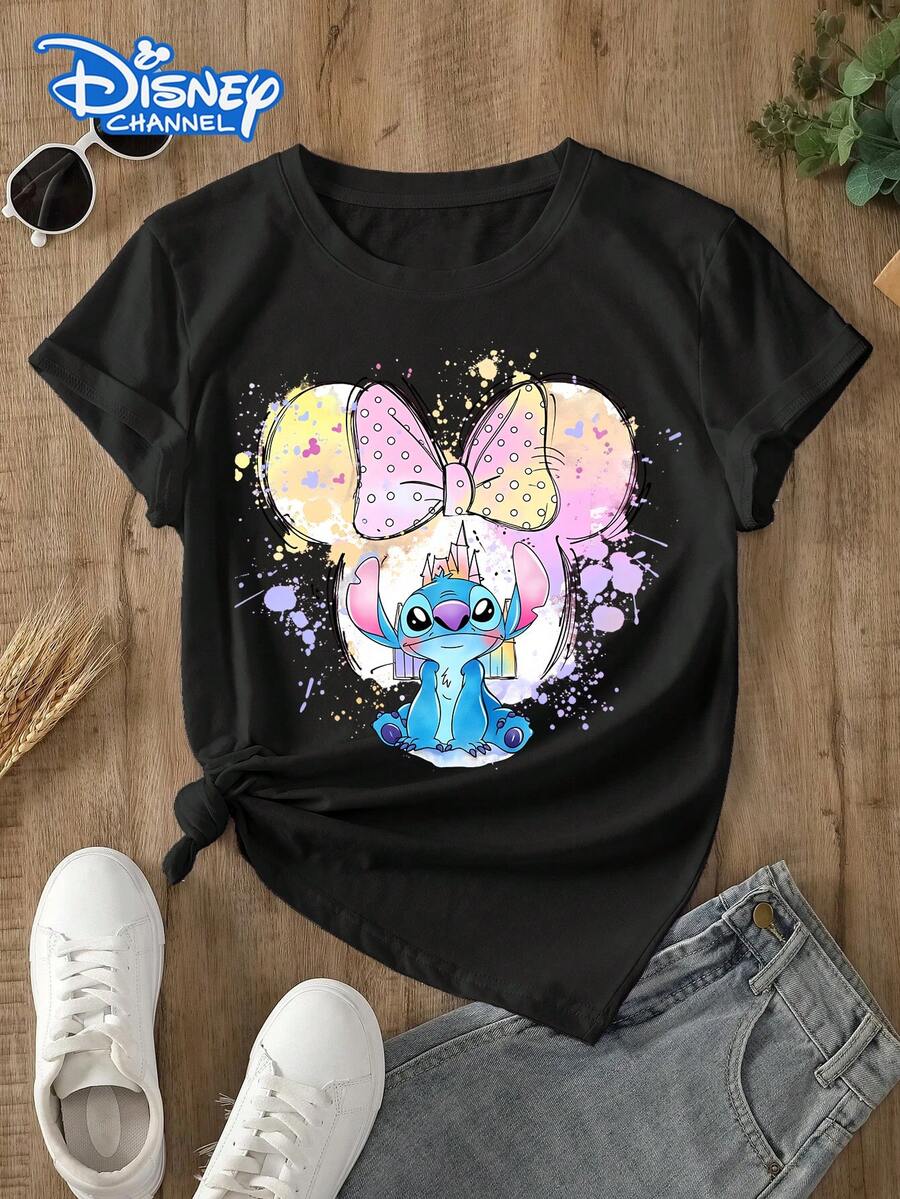 This Disney Women's T-Shirt Features A Creative Stitch Cartoon Print. Made Of Soft, Comfortable, And Durable Fabric, This Spring/Summer Women's Crew Neck T-Shirt Is Suitable For Everyday Wear, Shopping, Parties, And Is Also A Great Choice As A Casual Outfit Or A Gift. - Black - View 1