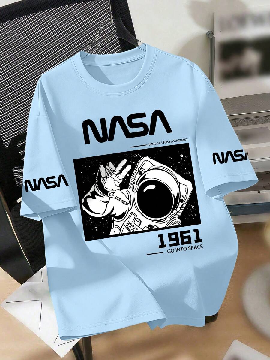 Teenager Boys' Round Neck Short Sleeve T-Shirt With Astronaut And Letter Print, Comfortable New Spring/Summer Outfit - Baby Blue - View 1