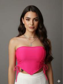 Women's Cropped Top With Band And Tie With Suplex Cup Strapless Blogueirinha One Size - Fits Sizes 36 To 42 - 玫紅色 - 查看 2