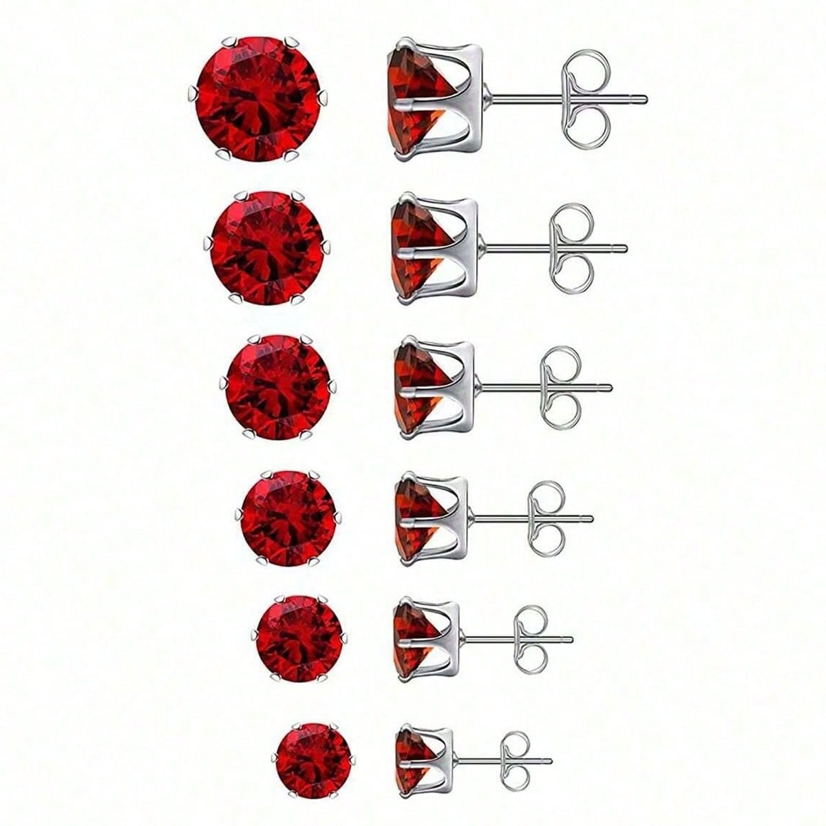 1pair/6pairs 316L Stainless Steel Hypoallergenic Earrings, Red Cubic Zirconia 6-Prong Studs, Minimalist Fashion Unisex Titanium Sparkling Earrings