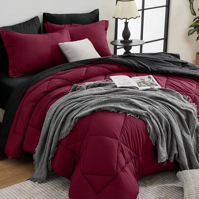 Juego de edredón de reina rojo y negro - Juego de 7 piezas para todo el año Burgundy Bed In A Bag Queen, juego de ropa de cama ultra suave con edredón, sábana plana, sábana ajustable, fundas de almohada, fundas de cojín, Burgundy