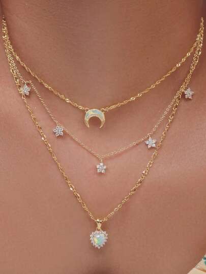 rundraw 1 chiếc dây chuyền mặt dây chuyền nhiều lớp sang trọng màu vàng kim loại, hình trái tim và hoa trăng non, đính đá giả opal zirconia, thích hợp cho nữ, dự tiệc, phụ kiện trang phục hàng ngày, món quà tuyệt vời nhất dành cho bạn bè và người yêu vào các dịp lễ và kỷ niệm.