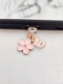 Fleur de Sakura rose en alliage de silicone 2-en-1 Fleur de Sakura rose + 26 lettres Bouchon anti-poussière pour port de charge de téléphone, pendentif en alliage exquis, doux et mignon pour accessoire de mode, décoration pour port de charge de smartphone, tablette, écouteur, Kindle, bouchon anti-poussière et anti-humidité transparent en silicone, convient comme petit cadeau, étanche, compatible avec les séries de téléphones Lightning/Type-C et autres Android/Apple 17/16/15, cadeau d'anniversaire de printemps - Rose bonbon - Voir 20
