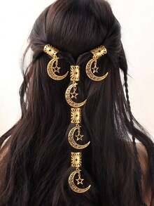 5pcs Women's Braided Star Moon Hair Accessories Set, Holiday Hair Styling Clips, Stars, Moons, Suitable For Festivals, Parties, Daily Wear, Pendants, Gifts, Festival, Claw Clips, Hair Slide, Hair Barrettes, Head Accessories - Gold - 查看 7