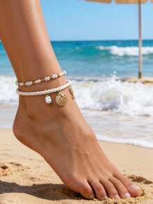 2 piezas Tobilleras de moda con cuentas, conchas y peces, adecuadas para el uso diario y vacaciones en la playa de las mujeres - Blanco - Ver 1