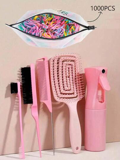 Juego de peines con bandas elásticas para niñas, previene roturas, pequeños lazos para el cabello en caja que no dañan el cabello. Juego de cepillos desenredantes, (6.8 Oz/200ml) Botella de spray de niebla fina continua, apta para cabello de adultos y niñas, Cepillo desenredante con diseño de unicornio, Cepillo para esponjado, Peine de cola de rata, para peinados, peluquería