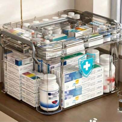 2pcs Durable Handled Medicine Storage Boxes, Dustproof & Waterproof Design, Easy Open Lid, Suitable For Home And Travel Use. Multi-Compartment Design For Organizing Emergency Supplies And Medicines. Transparent Viewing Layer, Medicine Organizer Box, Travel Essential, Compact Storage, Transparent Design, Durable Plastic, Pill Organizer Box, Multi-Compartment Box, Suitable For Home Users And Travelers.